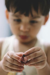 Close-up of boy holding chocolate indoors
