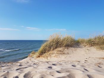 Scenic view of beach against blue sky