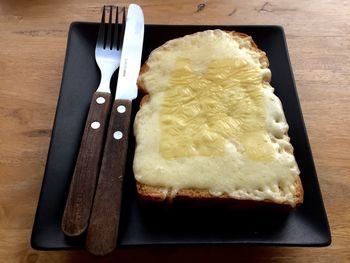 High angle view of breakfast on table