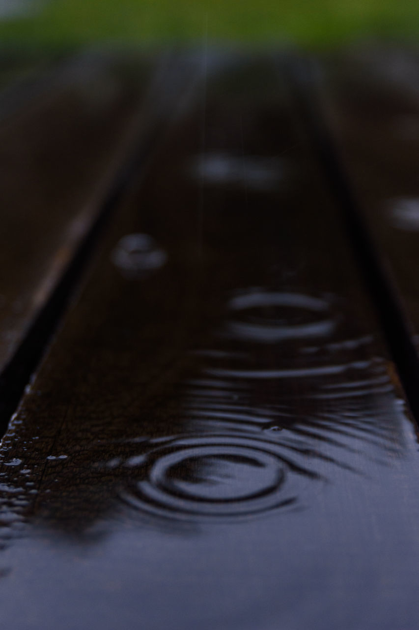 HIGH ANGLE VIEW OF WATER DROP ON METAL