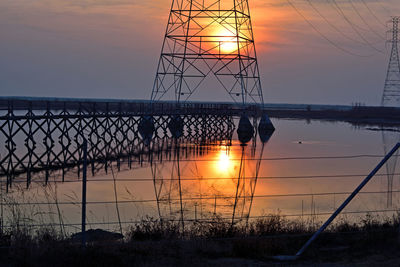 Silhouette electricity pylon against sky during sunset