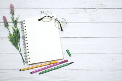 High angle view of books on table