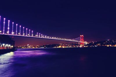 Illuminated bridge over river at night