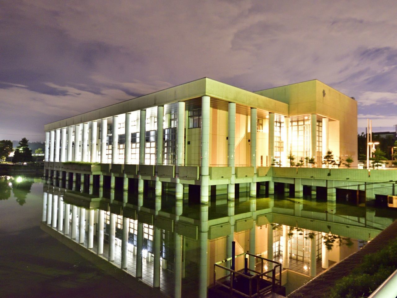 architecture, reflection, built structure, illuminated, water, sky, cloud - sky, architectural column, no people, building exterior, indoors, modern, night