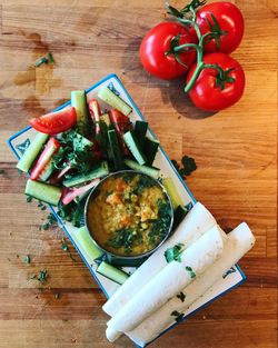 High angle view of vegetables in bowl on table