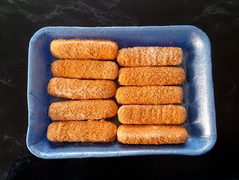 High angle view of bread in tray