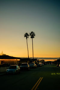 Cars on road at sunset