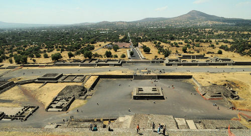 High angle view of people in city