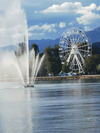 Illuminated fountain against sky