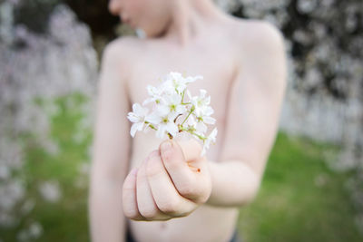 Midsection of woman holding white flowering plant