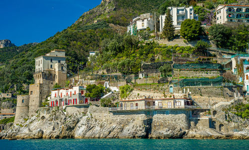 April 15 2022-amalfi coast italy view from the ferry of the city with the sea in the foreground 