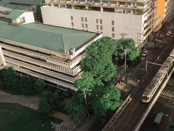 High angle view of buildings in city