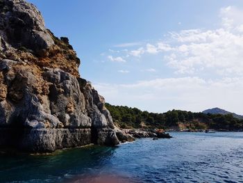 Rock formations by sea against sky