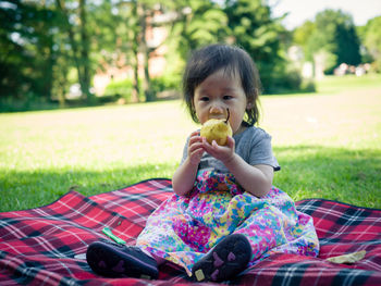 Cute girl eating pear while sitting on picnic blanket over grassy field at park