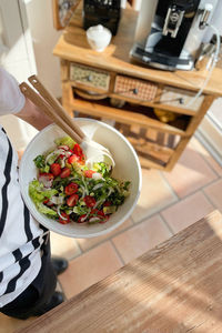 High angle view of salad in bowl on table