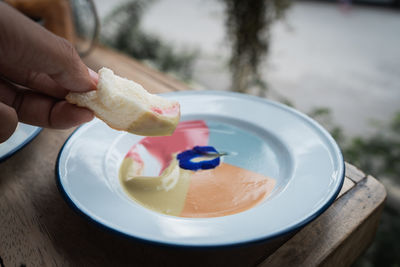 Close-up of hand holding ice cream in plate