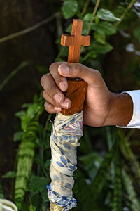 Cropped hand holding cross against plants