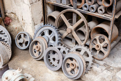 High angle view of various gears in warehouse