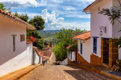 Footpath amidst houses against sky