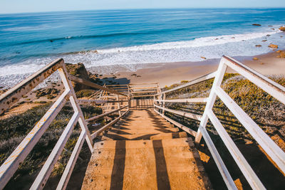 High angle view of beach by sea against sky