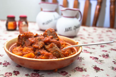 Close-up of meal served on table