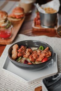 High angle view of food in plate on table