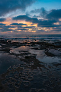 Scenic view of beach against sky during sunset