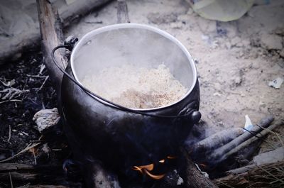 High angle view of food cooking on stove