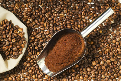 Close-up of coffee beans with ground coffee in serving scoop