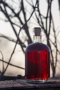 Close-up of red wine bottles on table