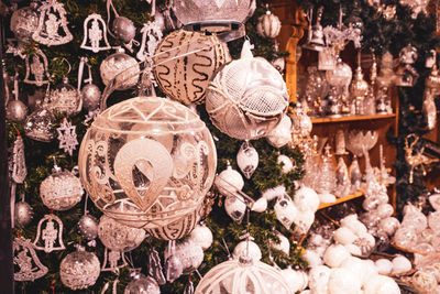 Close-up of christmas decorations for sale