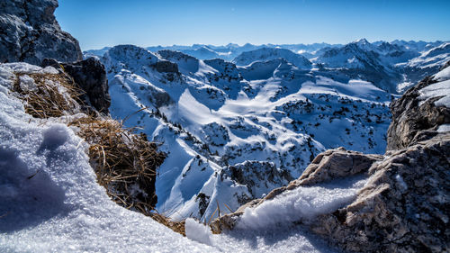 Scenic view of snowcapped mountains against sky