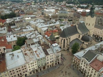 High angle view of buildings in town