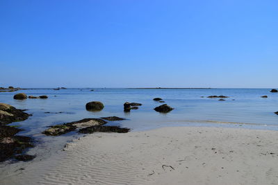 Scenic view of sea against clear blue sky