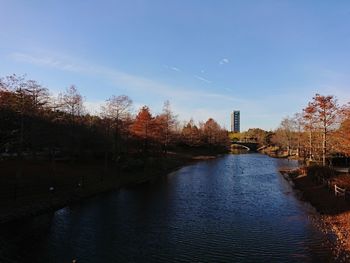 River amidst trees against sky during autumn