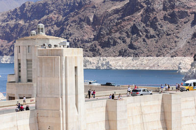 View of the pen stock towers over lake mead at hoover dam, between arizona and nevada states, usa.