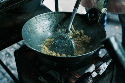 High angle view of meat in kitchen