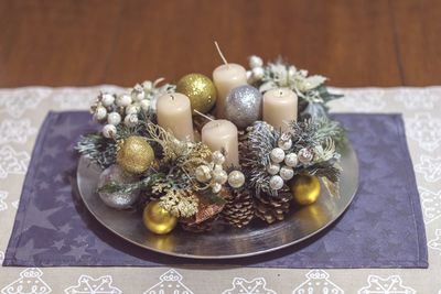 High angle view of christmas decoration on table