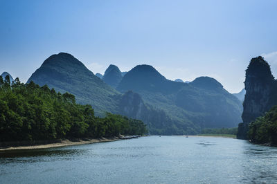 Scenic view of river and mountains against clear blue sky