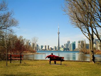 Rear view of man sitting in park