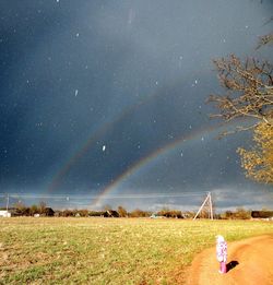 Scenic view of grassy field against sky