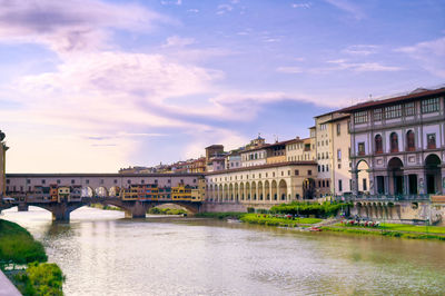 Bridge over river by buildings against sky