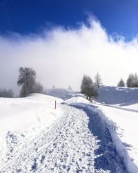 Snow covered field against sky