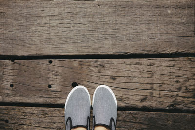 Low section of woman standing on wood