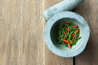 High angle view of vegetables in bowl on table