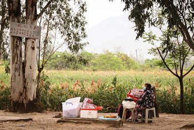 People sitting on field by tree trunk