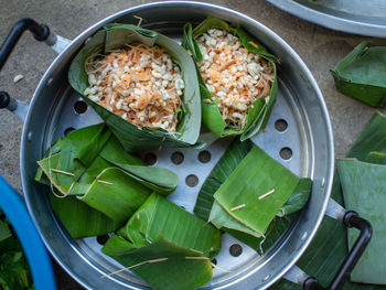 High angle view of food served on table
