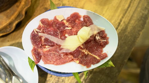 High angle view of breakfast served on table