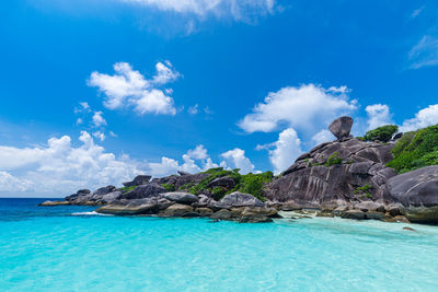 Panoramic view of sea and rocks against sky