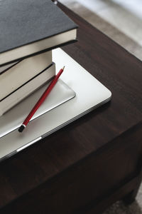 High angle view of books on table